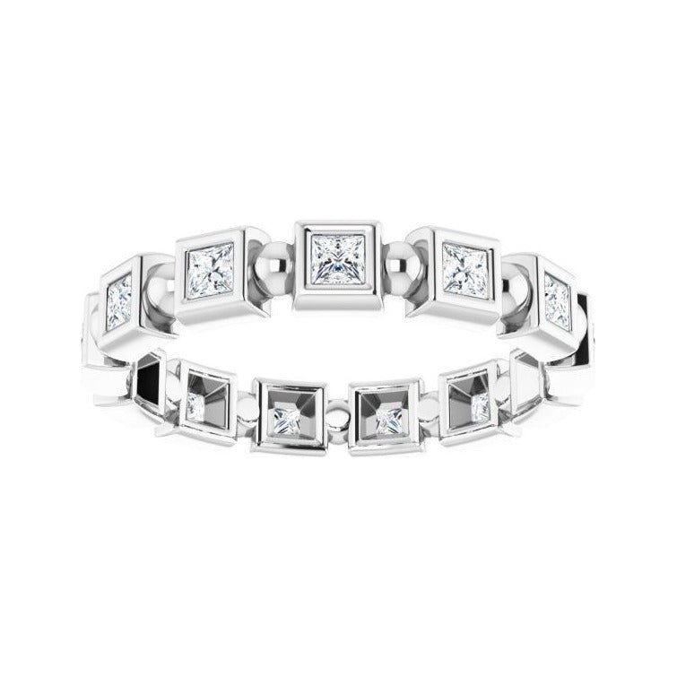 Sapphire Row Natural Diamond Princess-Cut Beaded Band - 14K White Gold, 2 × 2 mm, 5 (view 3)