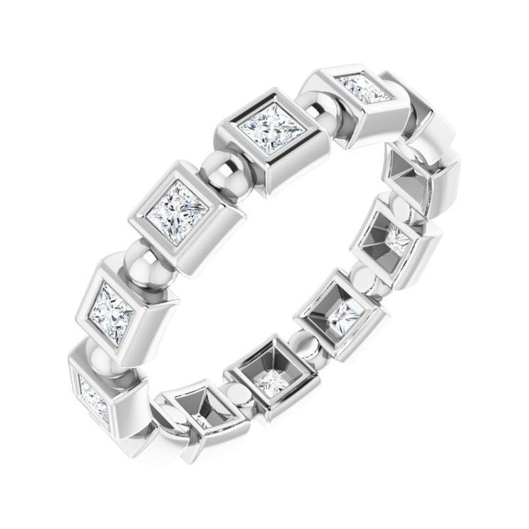 Sapphire Row Natural Diamond Princess-Cut Beaded Band - 14K White Gold, 2 × 2 mm, 6