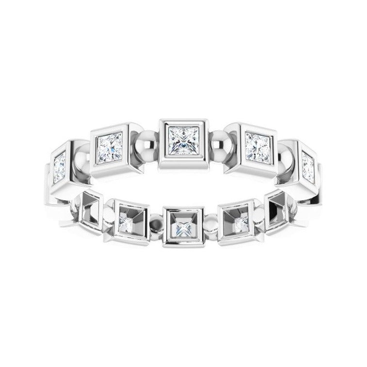 Sapphire Row Natural Diamond Princess-Cut Beaded Band - 14K White Gold, 2 × 2 mm, 6 (view 3)