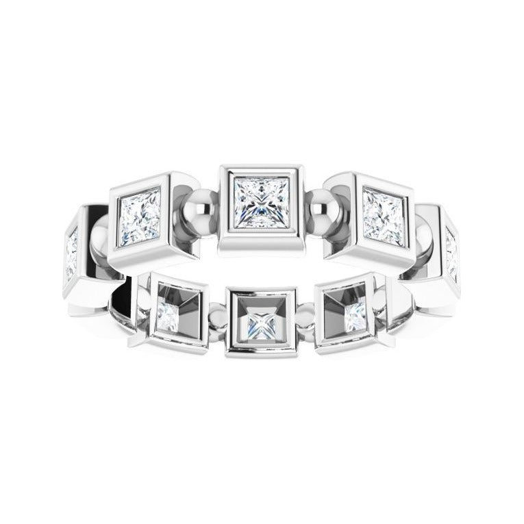 Sapphire Row Natural Diamond Princess-Cut Beaded Band - 14K White Gold, 3 × 3 mm, 5 (view 3)