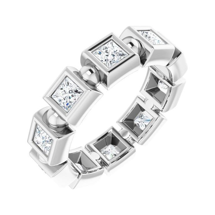 Sapphire Row Natural Diamond Princess-Cut Beaded Band - 14K White Gold, 3 × 3 mm, 7