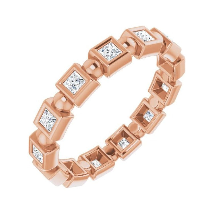 Sapphire Row Natural Diamond Princess-Cut Beaded Band - 14K Rose Gold, 1.75 × 1.75 mm, 5