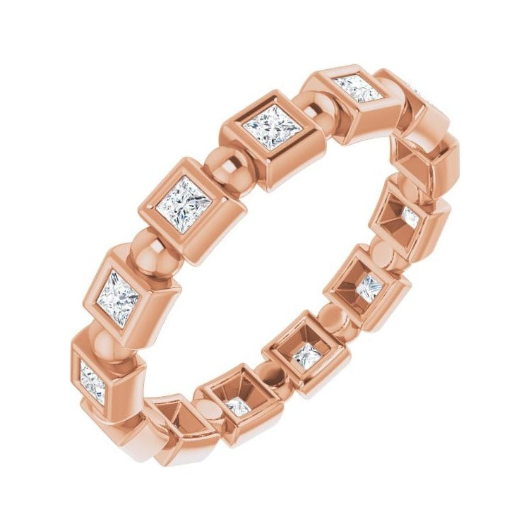 Sapphire Row Natural Diamond Princess-Cut Beaded Band - 14K Rose Gold, 1.75 × 1.75 mm, 6