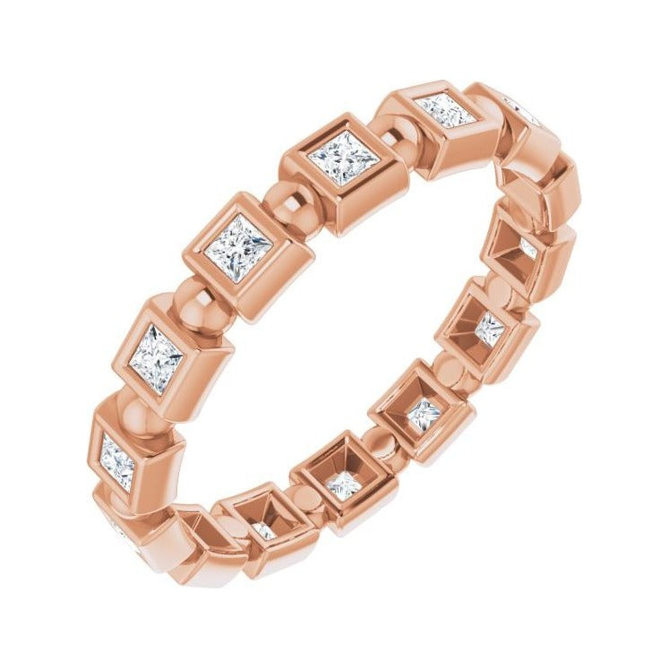 Sapphire Row Natural Diamond Princess-Cut Beaded Band - 14K Rose Gold, 1.75 × 1.75 mm, 7