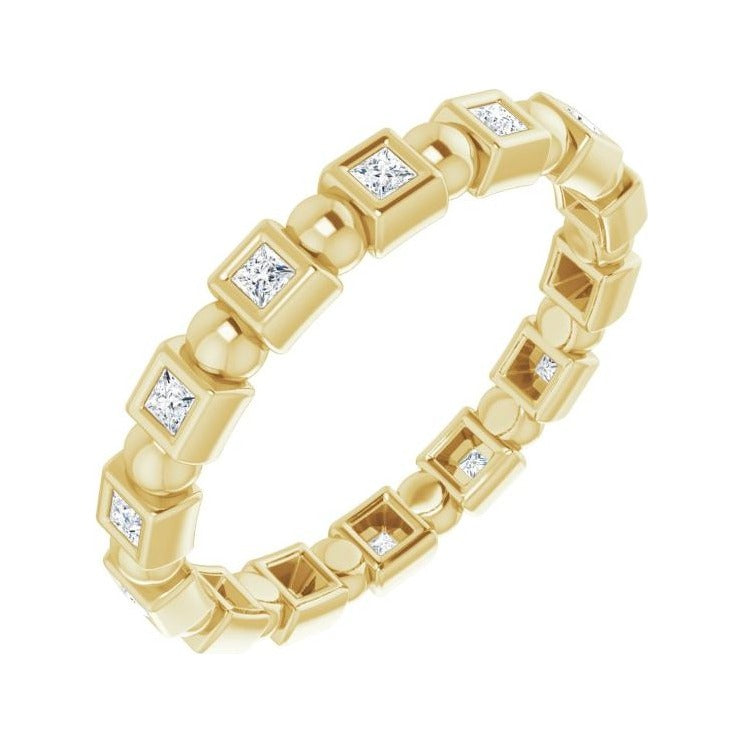 Sapphire Row Natural Diamond Princess-Cut Beaded Band - 14K Yellow Gold, 1.3 × 1.3 mm, 5
