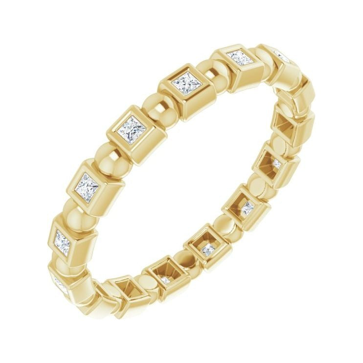 Sapphire Row Natural Diamond Princess-Cut Beaded Band - 14K Yellow Gold, 1.3 × 1.3 mm, 6