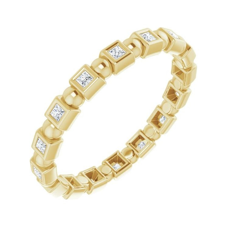 Sapphire Row Natural Diamond Princess-Cut Beaded Band - 14K Yellow Gold, 1.3 × 1.3 mm, 7
