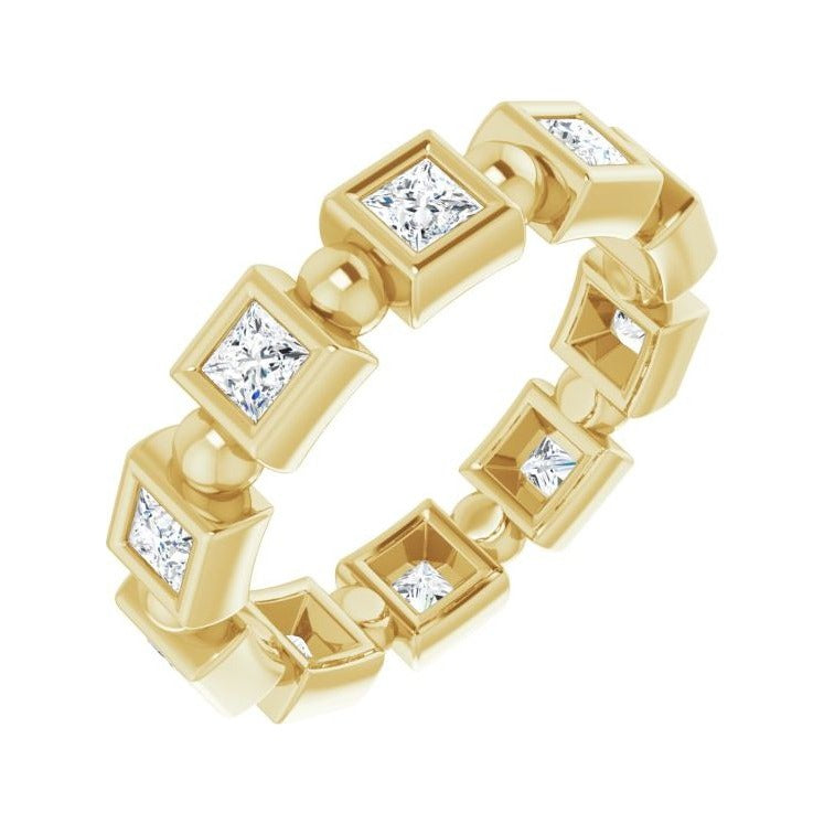 Sapphire Row Natural Diamond Princess-Cut Beaded Band - 14K Yellow Gold, 2.5 × 2.5 mm, 6