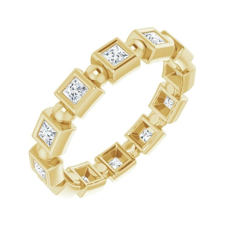 Sapphire Row Natural Diamond Princess-Cut Beaded Band - 14K Yellow Gold, 2 × 2 mm, 6