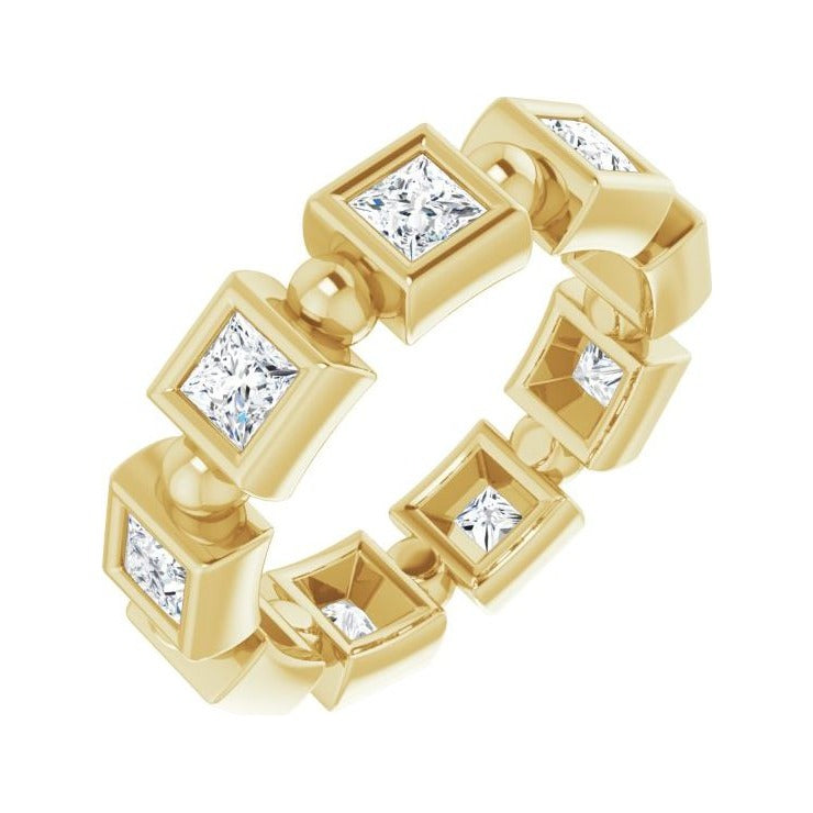 Sapphire Row Natural Diamond Princess-Cut Beaded Band - 14K Yellow Gold, 3 × 3 mm, 6