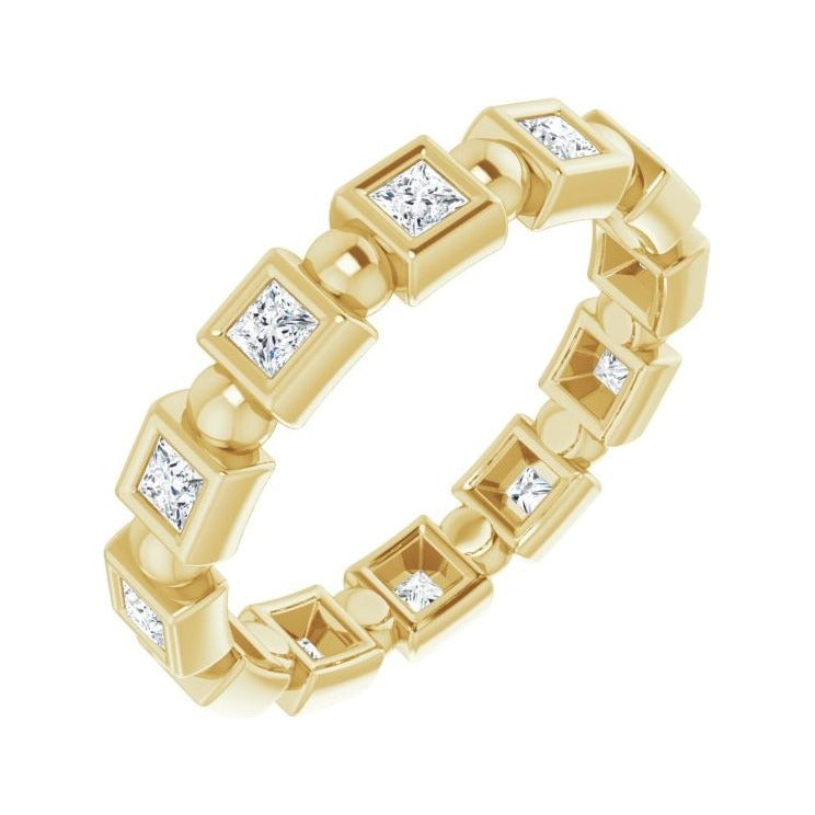 Sapphire Row Natural Diamond Princess-Cut Beaded Band - 14K Yellow Gold, 1.75 × 1.75 mm, 7