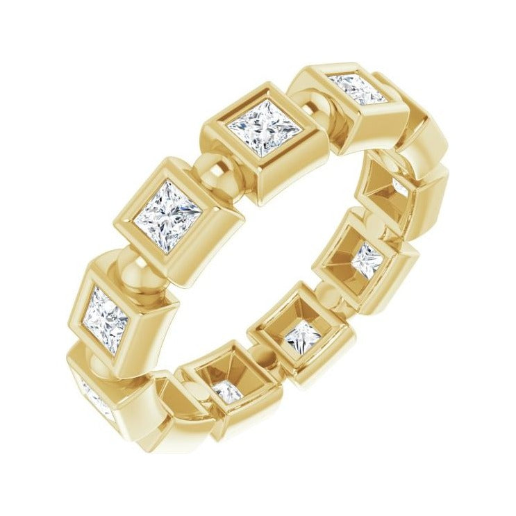 Sapphire Row Natural Diamond Princess-Cut Beaded Band - 14K Yellow Gold, 2.25 × 2.25 mm, 7