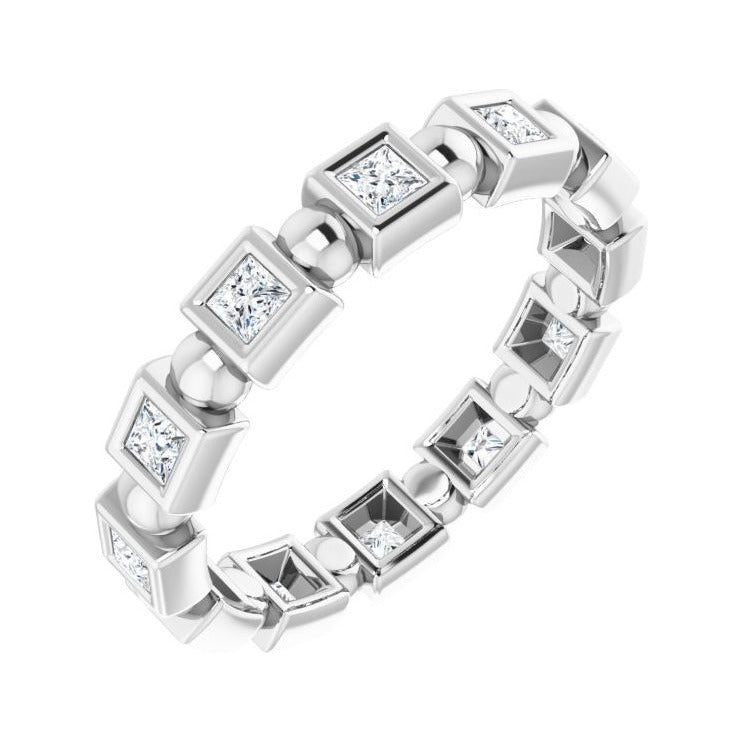 Sapphire Row Natural Diamond Princess-Cut Beaded Band - 14K White Gold, 1.75 × 1.75 mm, 7