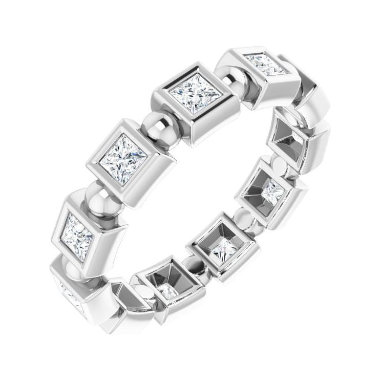 Sapphire Row Natural Diamond Princess-Cut Beaded Band - 14K White Gold, 2.25 × 2.25 mm, 6