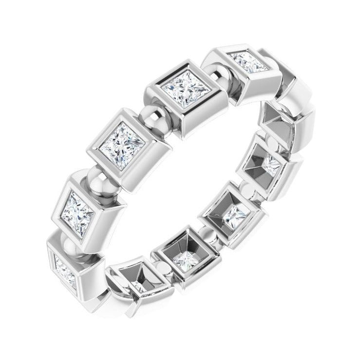 Sapphire Row Natural Diamond Princess-Cut Beaded Band - 14K White Gold, 2.25 × 2.25 mm, 7