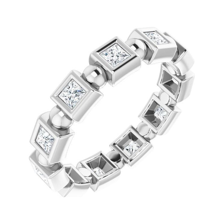 Sapphire Row Natural Diamond Princess-Cut Beaded Band - Platinum, 2 × 2 mm, 7