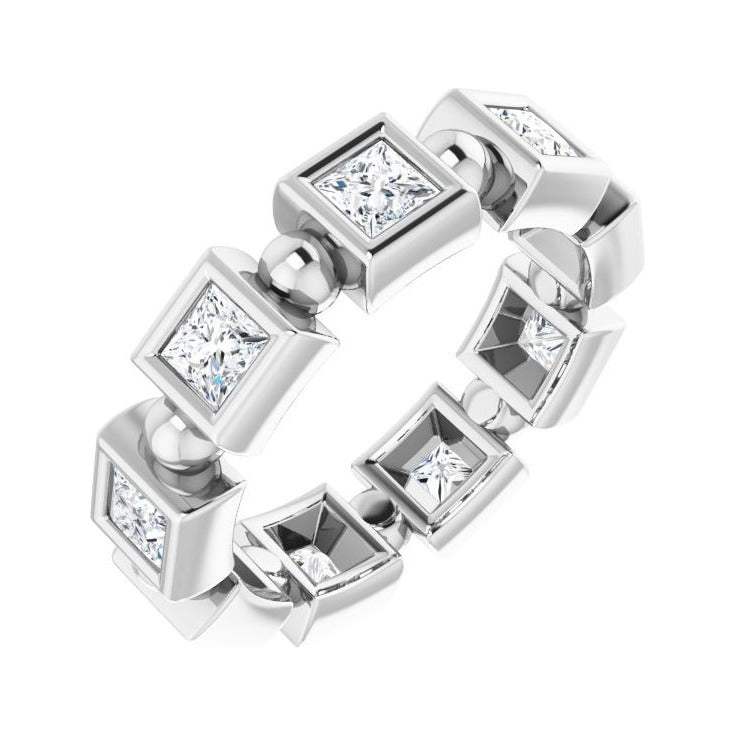 Sapphire Row Natural Diamond Princess-Cut Beaded Band - Platinum, 3 × 3 mm, 6