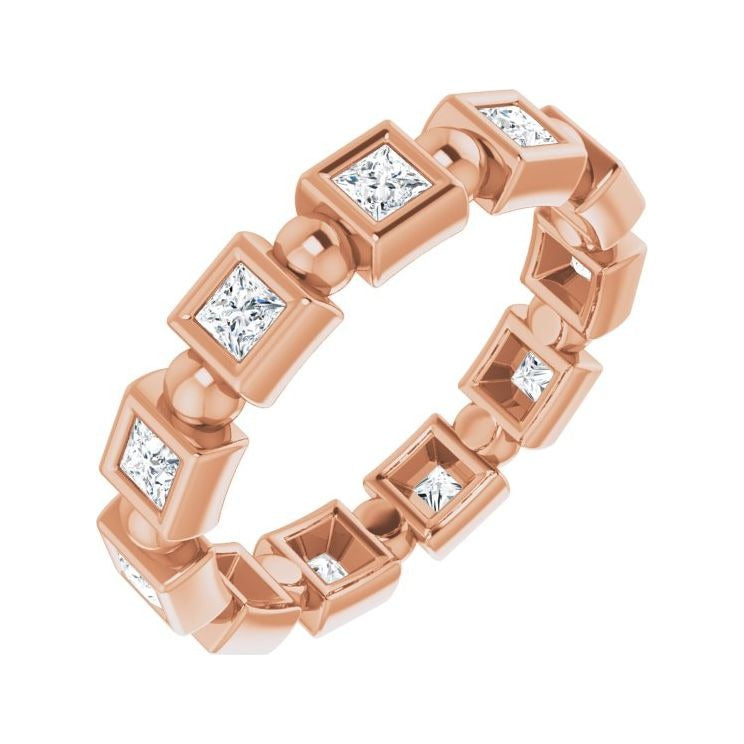 Sapphire Row Natural Diamond Princess-Cut Beaded Band - 14K Rose Gold, 2 × 2 mm, 5