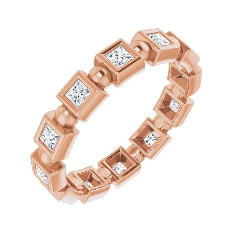 Sapphire Row Natural Diamond Princess-Cut Beaded Band - 14K Rose Gold, 2 × 2 mm, 6