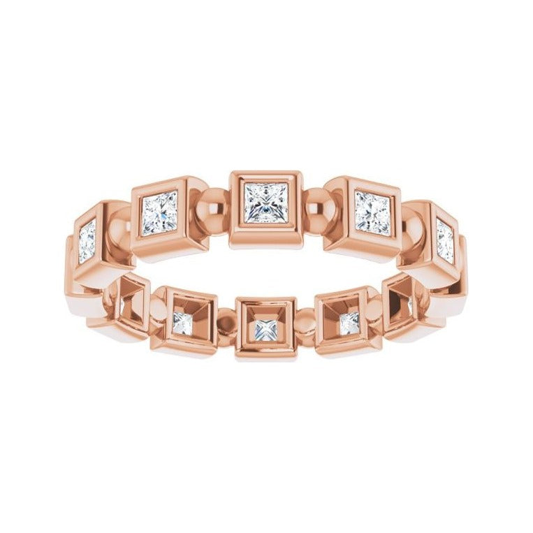 Sapphire Row Natural Diamond Princess-Cut Beaded Band - 14K Rose Gold, 2 × 2 mm, 6 (view 3)