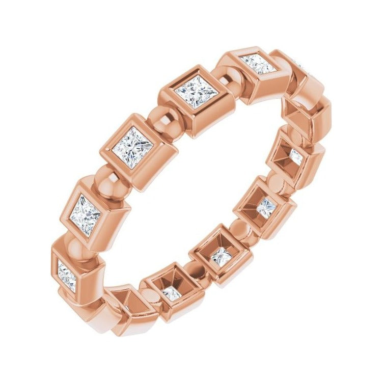 Sapphire Row Natural Diamond Princess-Cut Beaded Band - 14K Rose Gold, 2 × 2 mm, 7