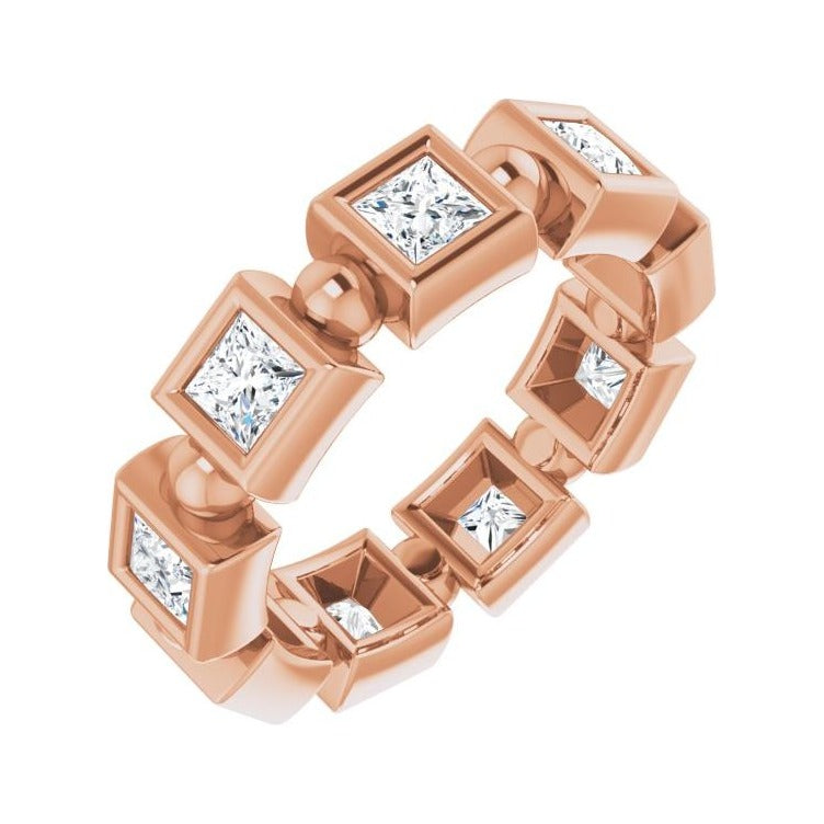 Sapphire Row Natural Diamond Princess-Cut Beaded Band - 14K Rose Gold, 3 × 3 mm, 5