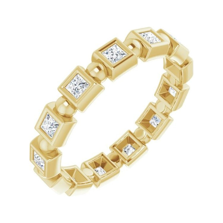 Sapphire Row Natural Diamond Princess-Cut Beaded Band - 14K Yellow Gold, 2 × 2 mm