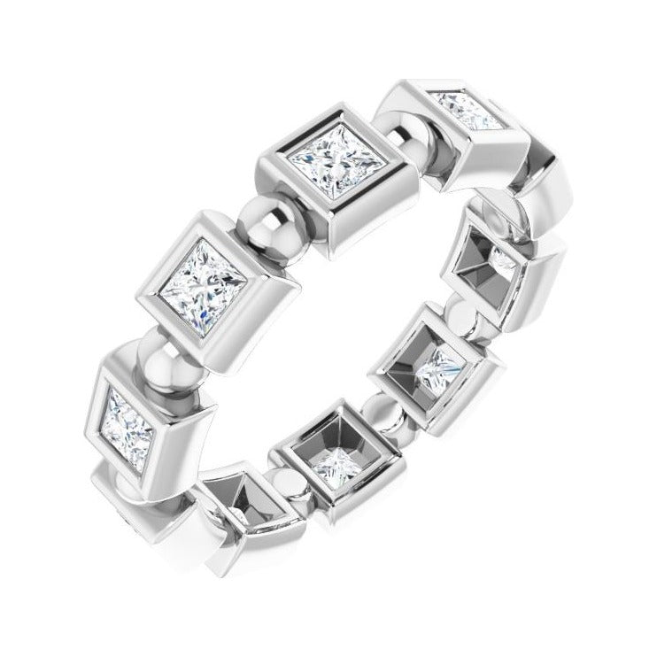 Sapphire Row Natural Diamond Princess-Cut Beaded Band - Platinum, 2.5 × 2.5 mm, 6