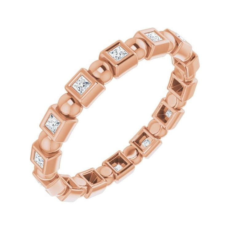 Sapphire Row Natural Diamond Princess-Cut Beaded Band - 14K Rose Gold, 1.3 × 1.3 mm, 5