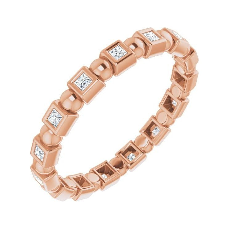 Sapphire Row Natural Diamond Princess-Cut Beaded Band - 14K Rose Gold, 1.3 × 1.3 mm, 6