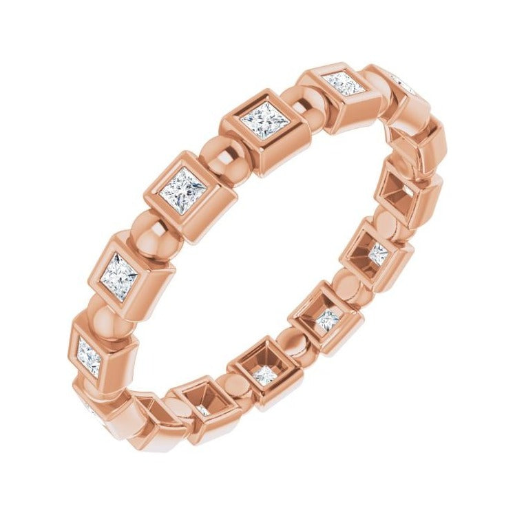Sapphire Row Natural Diamond Princess-Cut Beaded Band - 14K Rose Gold, 1.5 × 1.5 mm, 5