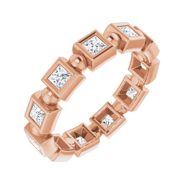 Sapphire Row Natural Diamond Princess-Cut Beaded Band - 14K Rose Gold, 2.5 × 2.5 mm, 7