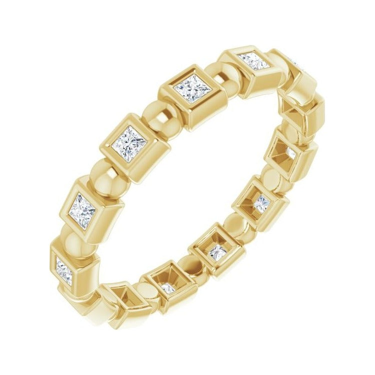 Sapphire Row Natural Diamond Princess-Cut Beaded Band - 14K Yellow Gold, 1.5 × 1.5 mm