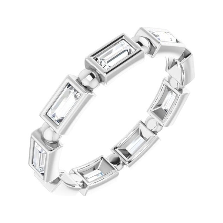 Sapphire Row Natural Diamond Baguette Beaded Band - 14K White Gold, 4 × 2 mm, 5