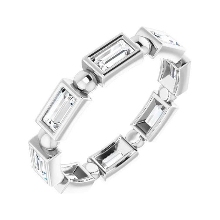 Sapphire Row Natural Diamond Baguette Beaded Band - 14K White Gold, 4 × 2 mm, 6