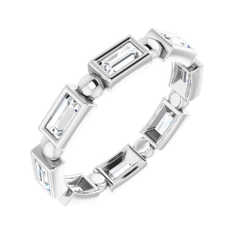 Sapphire Row Natural Diamond Baguette Beaded Band - 14K White Gold, 4 × 2 mm, 7
