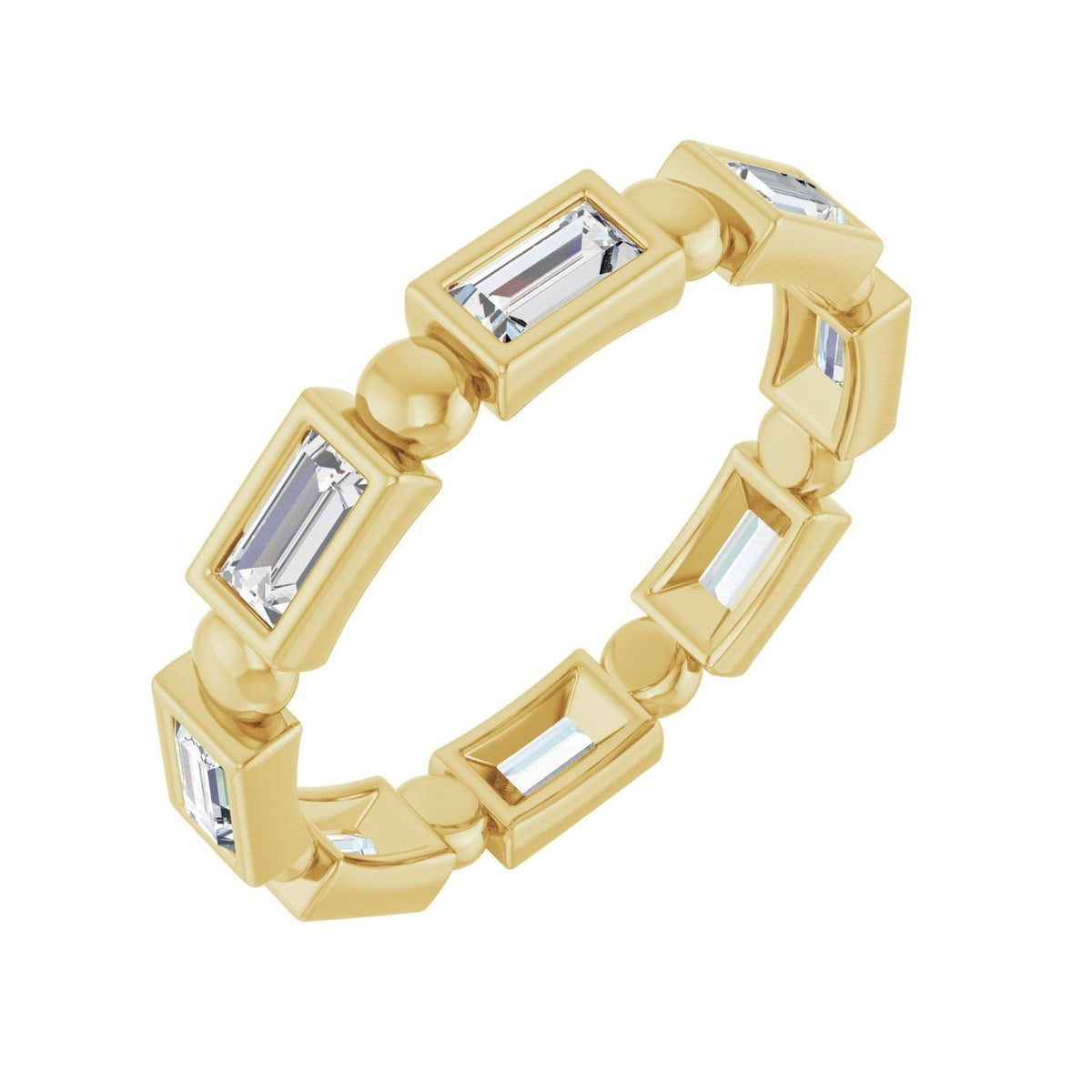 Sapphire Row Natural Diamond Baguette Beaded Band - 14K Yellow Gold, 4 × 2 mm, 5