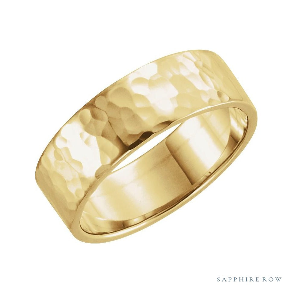 Sapphire Row Gold Hammered Flat Band - 14K Yellow Gold