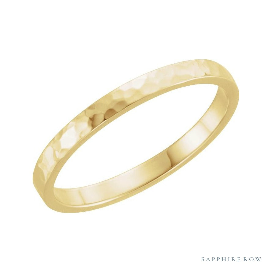 Sapphire Row Gold Hammered Flat Band - 14K Yellow Gold, 2 mm