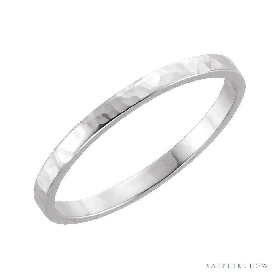 Sapphire Row Gold Hammered Flat Band - 14K White Gold, 2 mm
