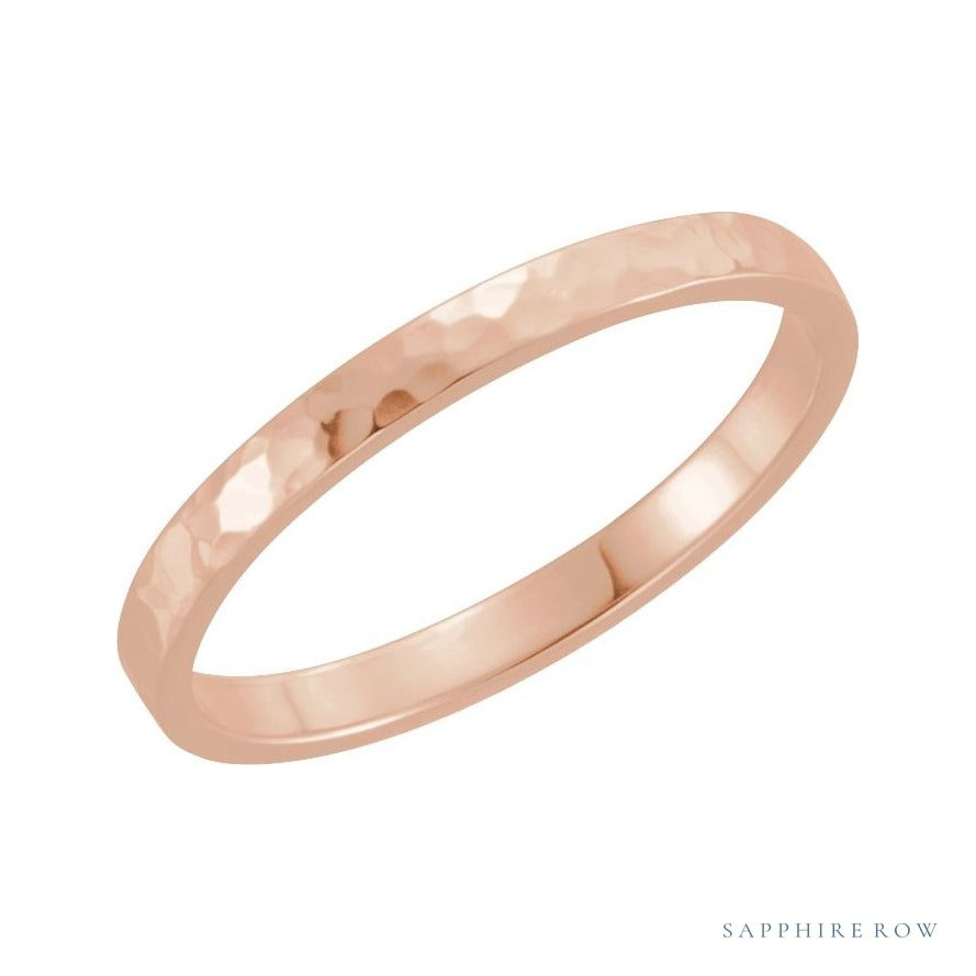 Sapphire Row Gold Hammered Flat Band - 14K Rose Gold, 2 mm