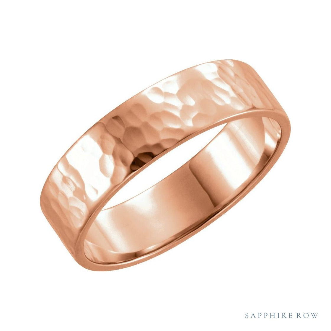Sapphire Row Gold Hammered Flat Band - 14K Rose Gold, 6 mm