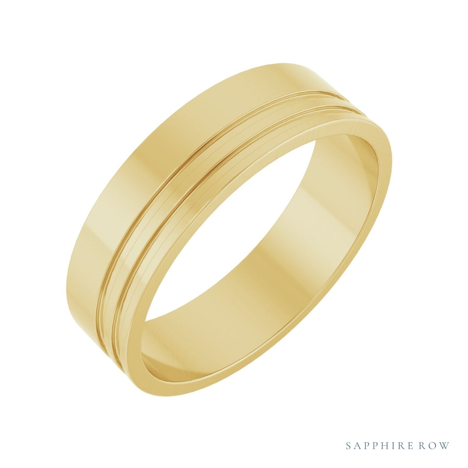 Sapphire Row Gold Double-Groove Flat Band - 10K Yellow Gold