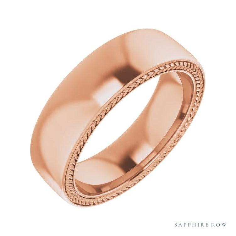 Sapphire Row Gold Wheat Pattern Inlay Band - 14K Rose Gold, 6 mm