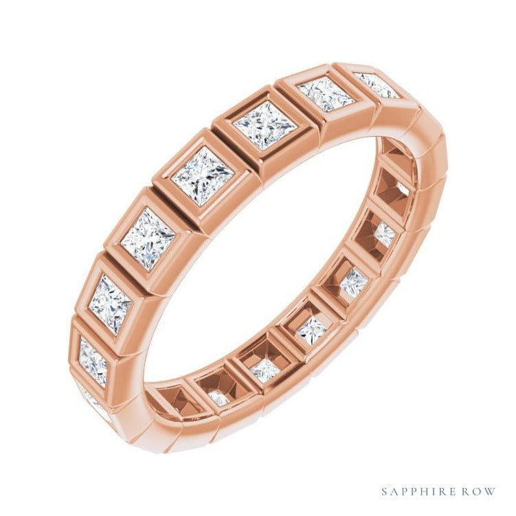 Sapphire Row Natural Diamond Princess-Cut Station Band - 14K Rose Gold, 2 × 2 mm, 6