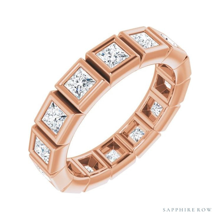 Sapphire Row Natural Diamond Princess-Cut Station Band - 14K Rose Gold, 2.5 × 2.5 mm, 5