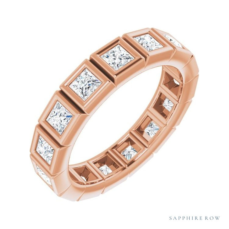 Sapphire Row Natural Diamond Princess-Cut Station Band - 14K Rose Gold, 2.5 × 2.5 mm, 7