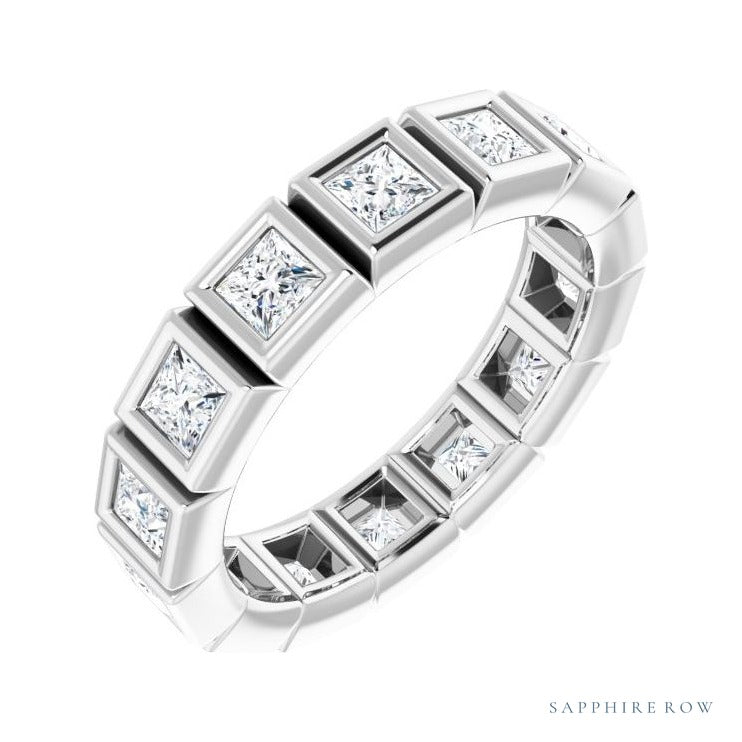 Sapphire Row Natural Diamond Princess-Cut Station Band - 14K White Gold, 2.5 × 2.5 mm, 5