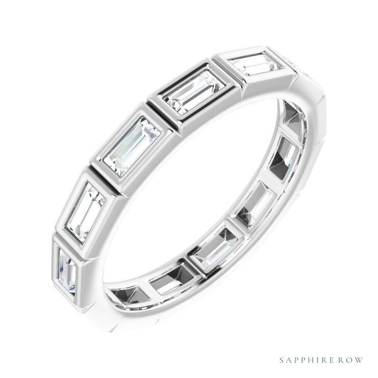 Sapphire Row Natural Diamond Baguette Station Band - 14K White Gold, 3 × 1.5 mm, 7