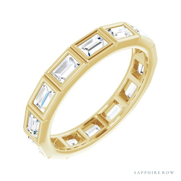 Sapphire Row Natural Diamond Baguette Station Band - 14K Yellow Gold, 3 × 2 mm, 5